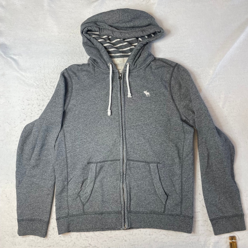 Abercrombie & Fitch Zip Up Hoodie Mens XL Gray Muscle‎ Fit Striped Hood Lining